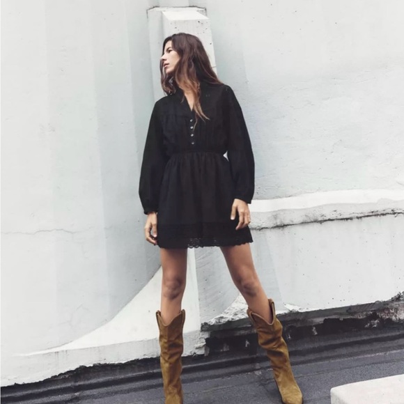 NWT Zara  Embroidery Eyelet Black Long Sleeve Dress - Picture 3 of 8